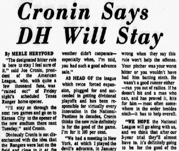 An article about the designated hitter in Major League Baseball, Dallas Morning News newspaper article 7 April 1973