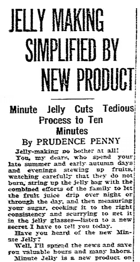 A food column from Prudence Penny, Evansville Courier and Press newspaper article 11 February 1927