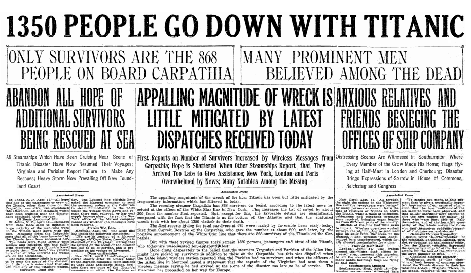 An article about the sinking of the Titanic, Evening Tribune newspaper article 16 April 1912