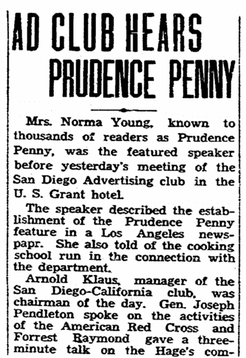 An article about Prudence Penny, Evening Tribune newspaper article 2 November 1933