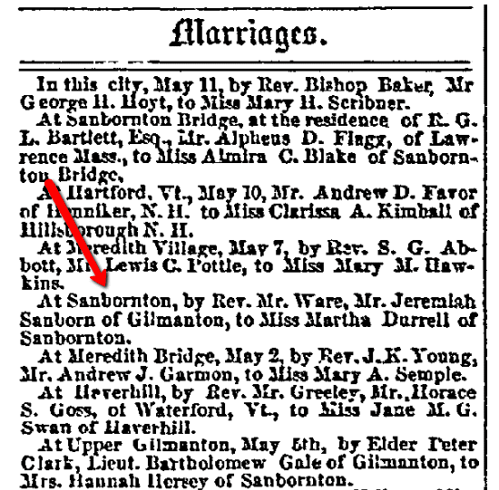 Marrriage notices, New Hampshire Patriot and State Gazette newspaper article 17 May 1854