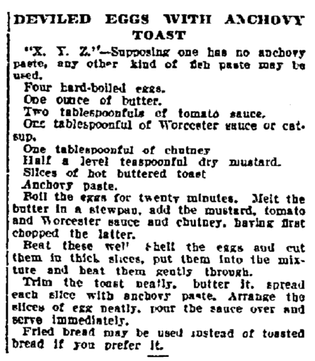 A recipe for deviled eggs, Philadelphia Inquirer newspaper article 2 October 1912