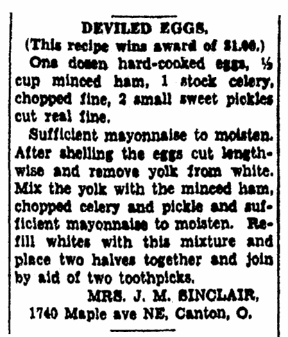 A recipe for deviled eggs, Repository newspaper article 22 July 1928