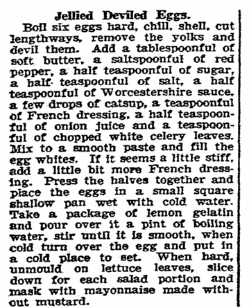 A recipe for deviled eggs, Rockford Republic newspaper article 31 March 1927