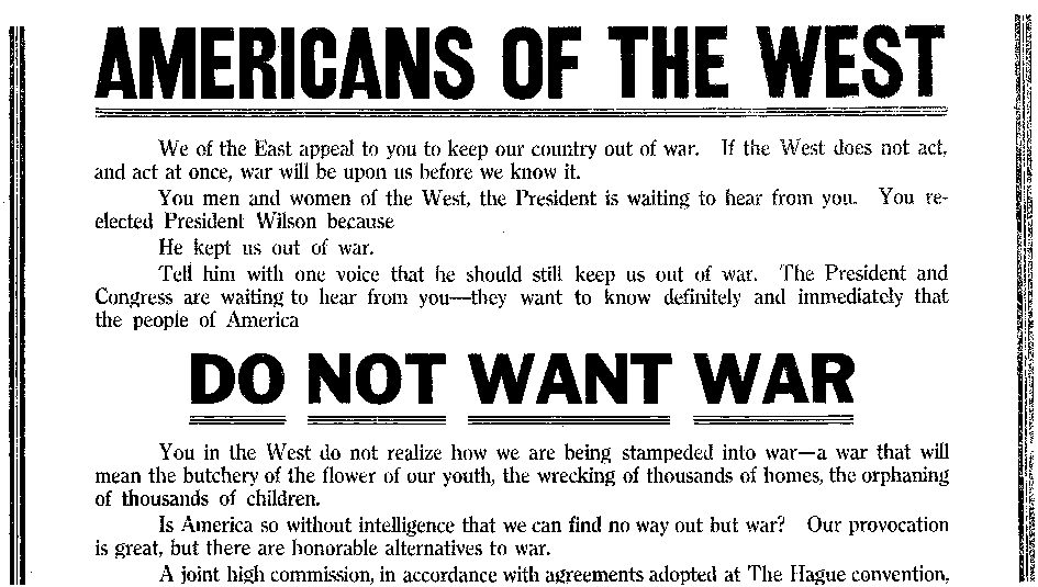 An ad urging the U.S. not to get involved in World War I, Seattle Daily Times newspaper advertisement 30 March 1917