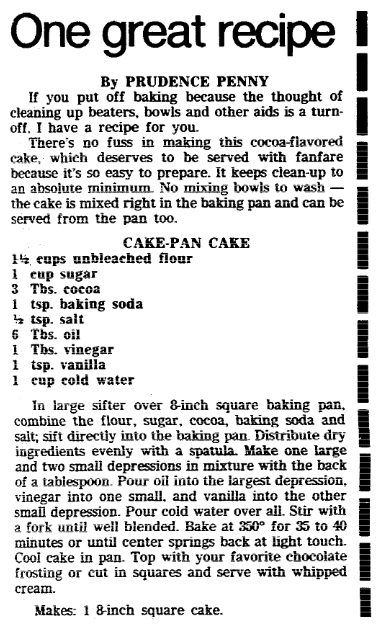 A cake recipe from Prudence Penny, Trenton Evening Times newspaper article 26 October 1983