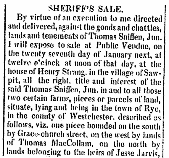 An article about Thomas Sniffen, Jr., Westchester Herald newspaper article 30 December 1823