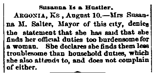 An article about Susanna Salter, Wheeling Register newspaper article 11 August 1887