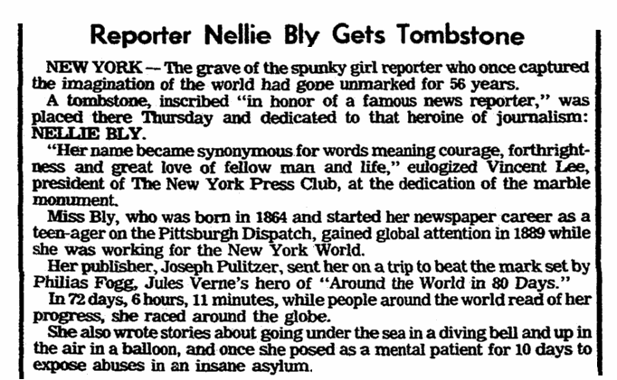 An article about Nellie Bly, Charleston News and Courier newspaper article 23 June 1978