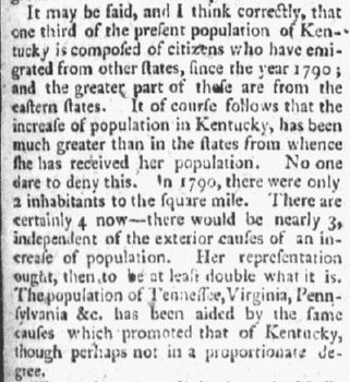 An article about Kentucky's population based on the 1790 U.S. Census, Constitutional Telegraph newspaper article 23 November 1799