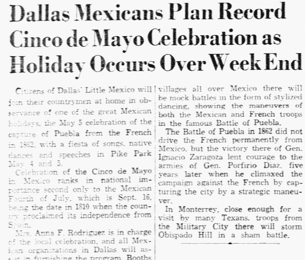 An article about Cinco de Mayo, Dallas Morning News newspaper article 28 April 1940