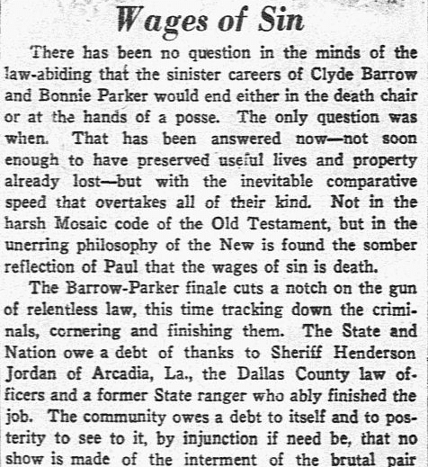 An editorial about the deaths of outlaws Bonnie and Clyde, Dallas Morning News newspaper article 24 May 1934