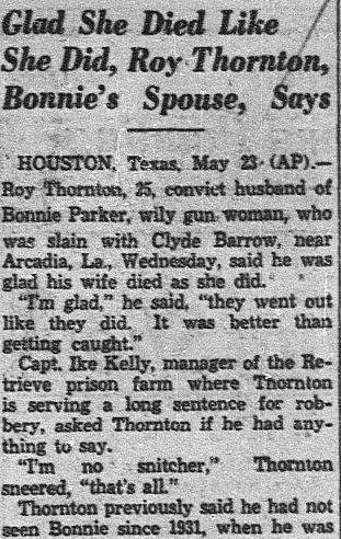 An article about the death of outlaw Bonnie Parker, Dallas Morning News newspaper article 24 May 1934