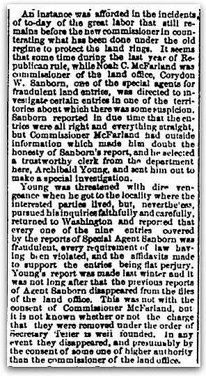 An article about Corydon Sanborn, Denver Rocky Mountain News newspaper article 23 October 1885