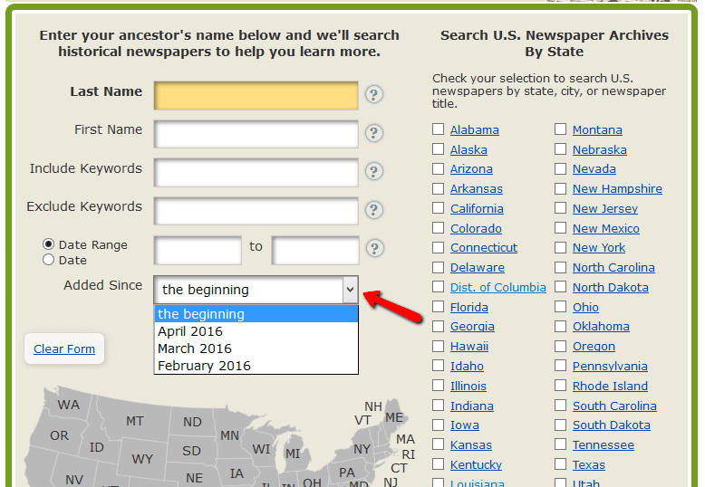 A screenshot of GenealogyBank's search page showing the feature allowing you to search only on newly-added content