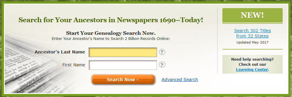 A screenshot of GenealogyBank's home page showing the announcement for new content added in May 2017