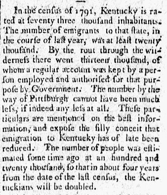 An article about Kentucky's population based on the 1790 U.S. Census, Herald newspaper article 28 January 1795