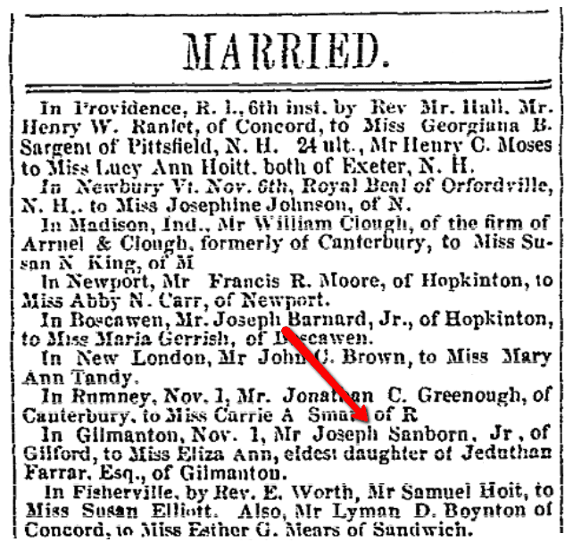 Marriage notices, Independent Democrat newspaper article 15 November 1849