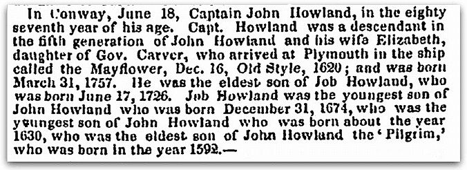 An obituary for John Howland, National Aegis newspaper article 12 July 1843