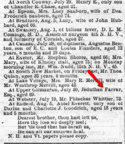 Obituaries, New Hampshire Patriot and State Gazette newspaper article 19 August 1863