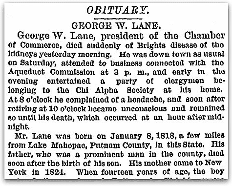 An obituary for George W. Lane, New York Tribune newspaper article 31 December 1883