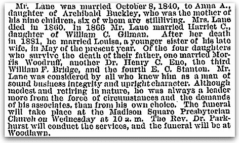 An obituary for George W. Lane, New York Tribune newspaper article 31 December 1883