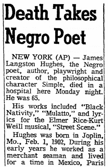 An obituary for Langston Hughes, Oregonian newspaper article 24 May 1967