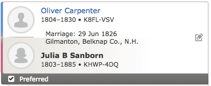 Marriage record for Oliver Carpenter and Julia Sanborn, from FamilySearch