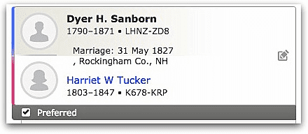 Marriage record for Syer Sanborn and Harriet Tucker, from FamilySearch