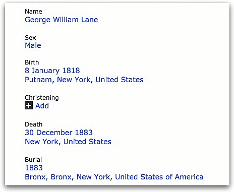 A record for George William Lane, from FamilySearch