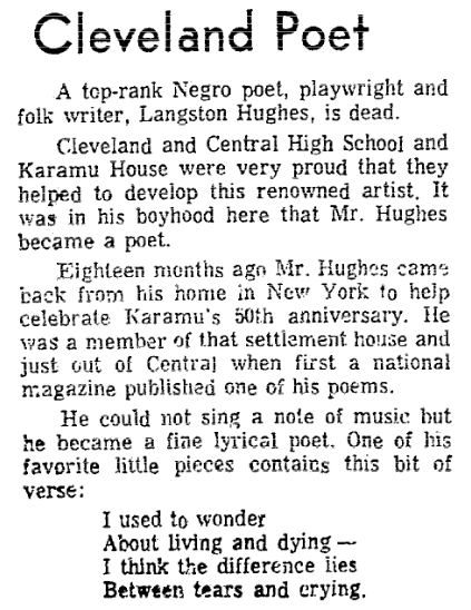 An article about Langston Hughes,Plain Dealer newspaper article 24 May 1967