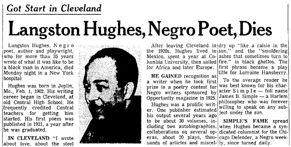 An obituary for Langston Hughes, Plain Dealer newspaper article 24 May 1967