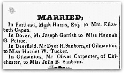 Marriage notices, Portsmouth Journal of Literature and Politics newspaper article 5 August 1826
