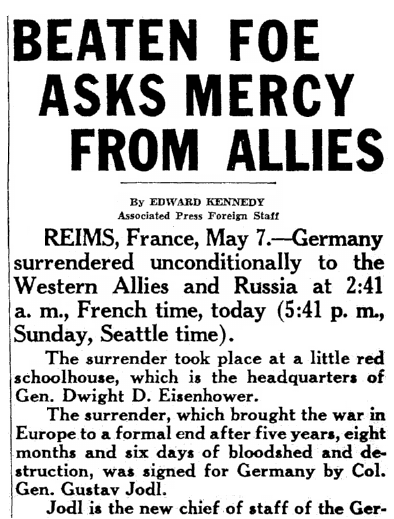 An article about the surrender of Germany during World War II, Seattle Daily Times newspaper article 7 May 1945 