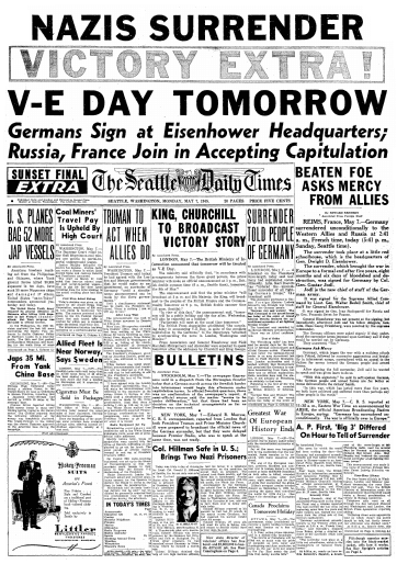 Front page news about the surrender of Germany in World War II, Seattle Daily Times newspaper articles 7 May 1945