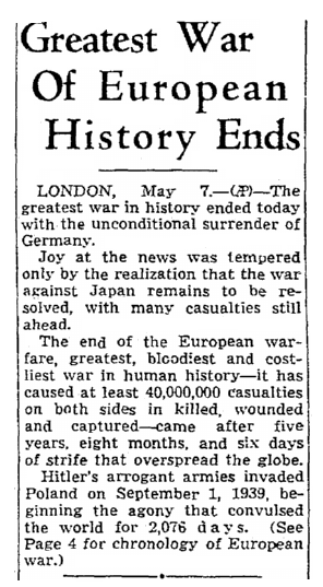 An article about the surrender of Germany during World War II, Seattle Daily Times newspaper article 7 May 1945