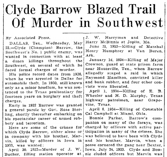 An article about the outlaws Bonnie and Clyde, Seattle Daily Times newspaper article 23 May 1934