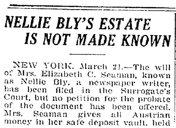 An article about Nellie Bly, Trenton Evening Times newspaper article 21 March 1922