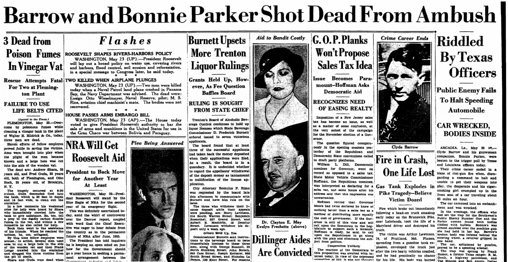 An article about the death of outlaws Bonnie and Clyde, Trenton Evening Times newspaper article 23 May 1934