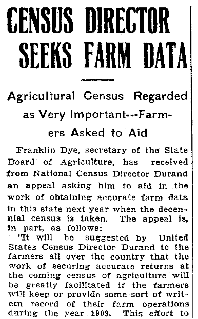 An article about the U.S. Census, Trenton Evening Times newspaper article 5 October 1909