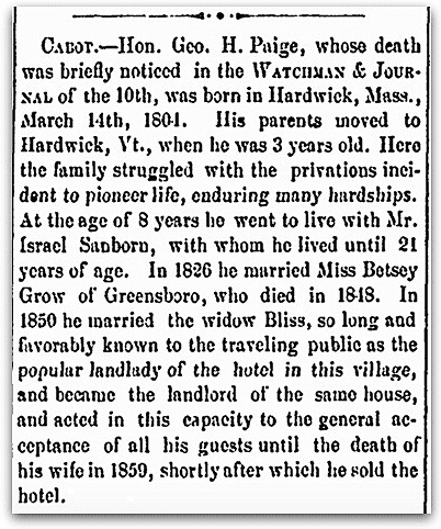 An obituary for George Paige, Watchman newspaper article 30 April 1873