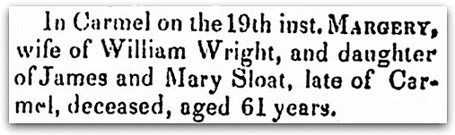An obituary for Margery Wright, Westchester Herald newspaper article 30 January 1844