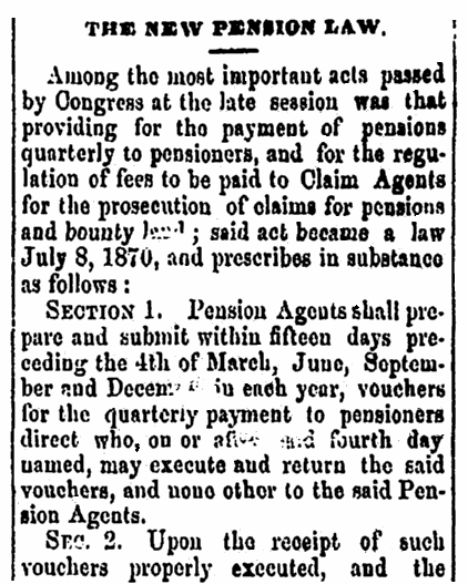 An article about Civil War pensions, Anamosa Eureka newspaper article 4 August 1870