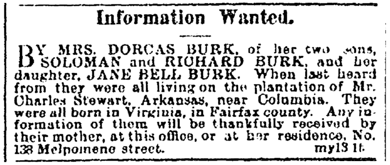 A missing person ad, Black Republican newspaper advertisement 13 May 1865