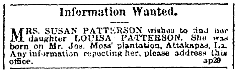 A missing person ad, Black Republican newspaper advertisement 13 May 1865