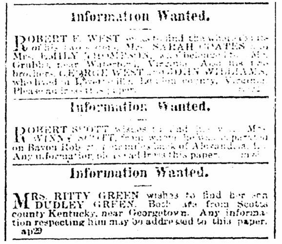 Missing person ads, Black Republican newspaper advertisement 13 May 1865