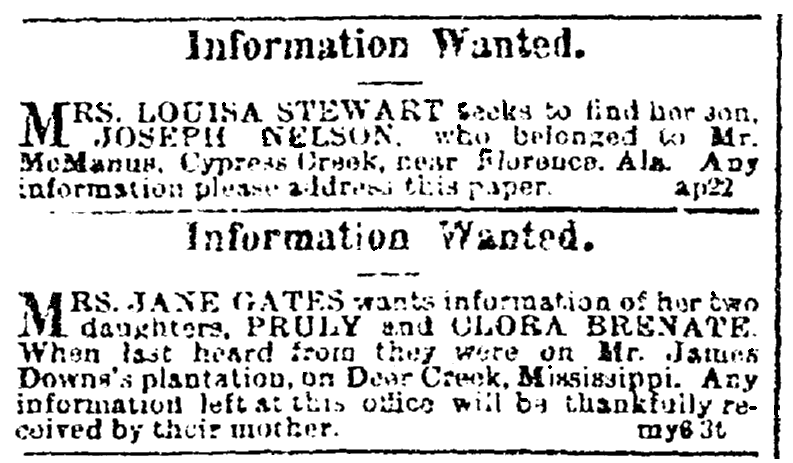 Missing person ads, Black Republican newspaper advertisements 13 May 1865