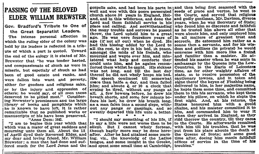 An obituary for Mayflower Pilgrim William Brewster, Boston Herald newspaper article 21 August 1916