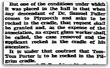 An article about the cradle that has been passed down through the generations of Mayflower Pilgrim Samuel Fuller's family, Boston Herald newspaper article 24 October 1920