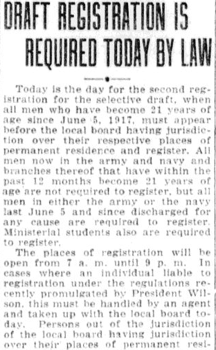 An article about the World War I draft, Charlotte Observer newspaper article 5 June 1918